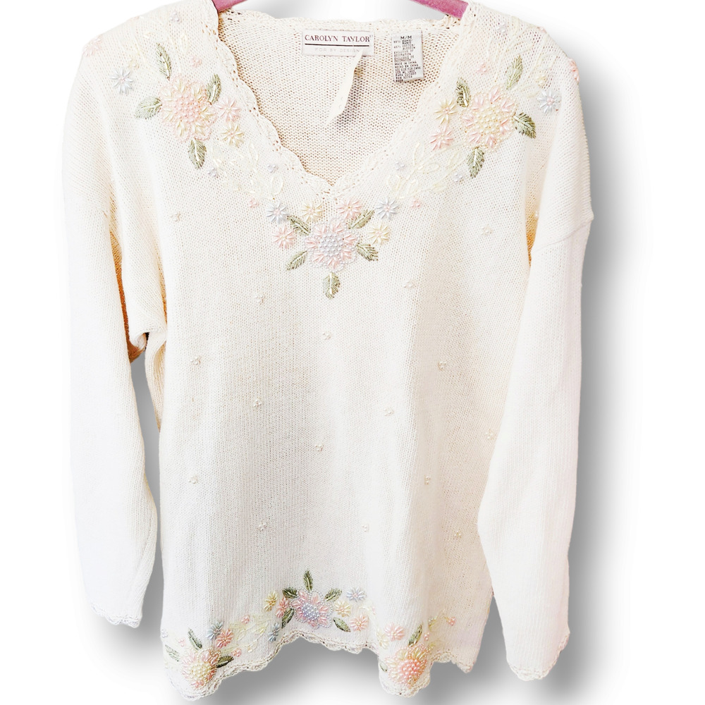 VTG 80s Embellished Pearl Lace Beaded Grandma Sweater cotton ditsy fairy M L XL